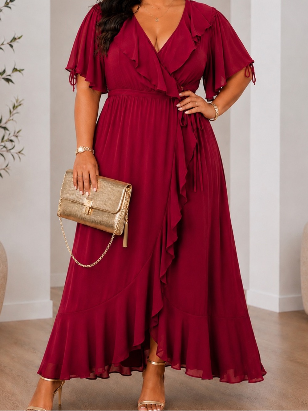 City Chic Fiesta Fun Burgundy Ruffle Wrap Maxi Dress L NWT Plus Size